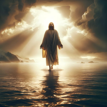 Jesus Christ standing in the sea at sunset. 3D Renderingの素材