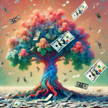 Money tree with flying dollar bills in it. 3D illustration.の素材
