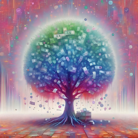 Colorful tree with letters flying out of it, 3d illustrationの素材