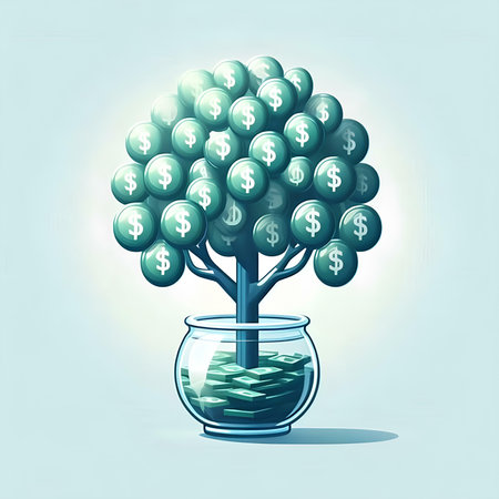 Money tree in a glass pot on a blue background. Vector illustration.の素材