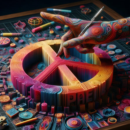 Hand of a tattoo artist with a brush paints a symbol of peace on a wooden board. 3d renderingの素材