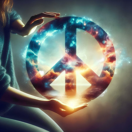 Peace symbol in female hands. Elements of this image are furnished by NASAの素材