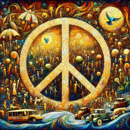 World Peace Day. Hand drawn illustration with a peace symbol in the background.の素材