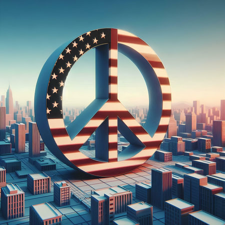 Peace sign on a city background. 3D rendering. Flag of the United States of Americaの素材