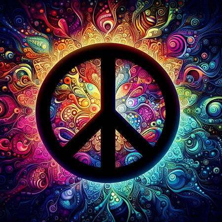 Peace sign on abstract colorful background. Psychedelic psychedelic design.の素材