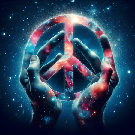 Conceptual image of human hands holding symbol of peace in spaceの素材