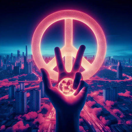 Glowing peace symbol with hand on city background. 3D renderingの素材