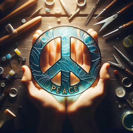 Top view of female hands holding metal peace sign on wooden table.の素材