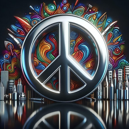 Peace symbol on abstract colorful background. 3D illustration. Elements of this image furnished by NASAの素材
