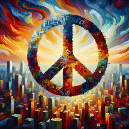 Peace symbol in the shape of a city on a colorful background.の素材