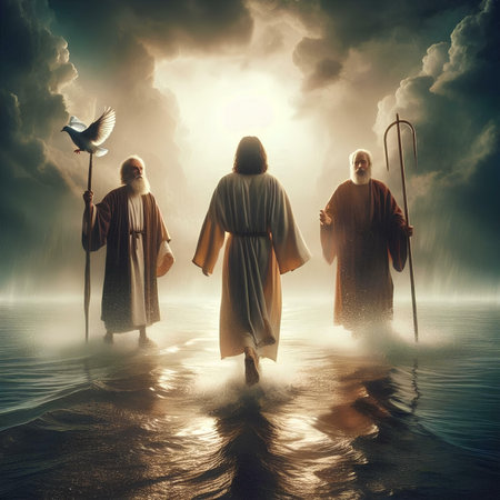 The image of the three wise men in the sea at sunset.の素材