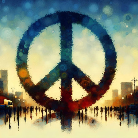 Peace sign on abstract background with people silhouettes and cityscape.の素材