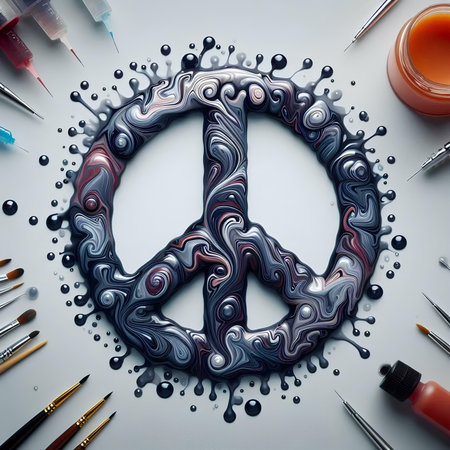 Conceptual image of a peace symbol surrounded by paint and brushesの素材