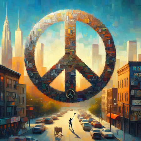 Digital painting of a peace symbol on a street in New York Cityの素材
