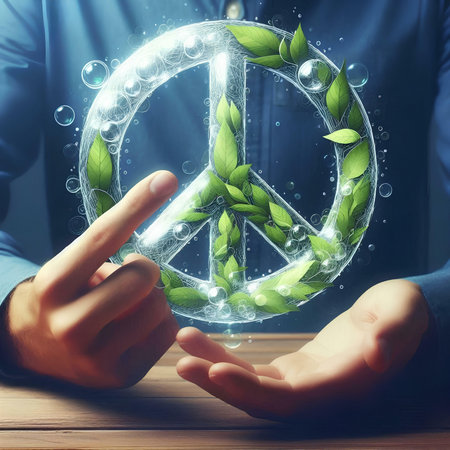 Close up image of human hands touching icon of peace sign with green leavesの素材