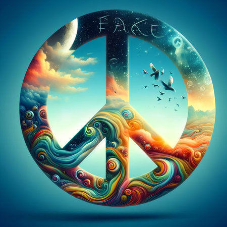 Peace symbol on abstract background. 3D illustration. Elements of this image furnished by NASAの素材