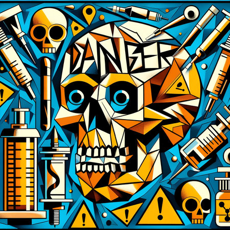 Vector illustration of colorful abstract background with human skull and syringesの素材
