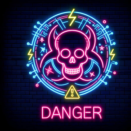 Neon sign of danger. Vector illustration in neon style on a dark background.の素材