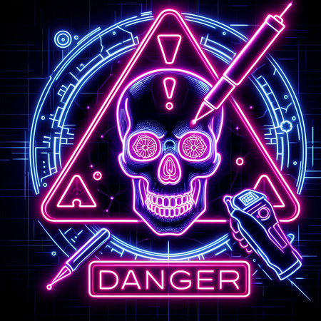 Neon sign of the danger zone with a skull and a syrinx. Vector illustration.の素材