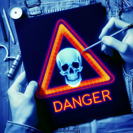 3d render illustration of danger warning sign with skull and tools on wooden backgroundの素材