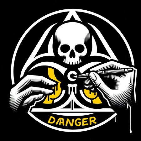 Vector illustration of skull and smoking pipe on black background with text dangerの素材