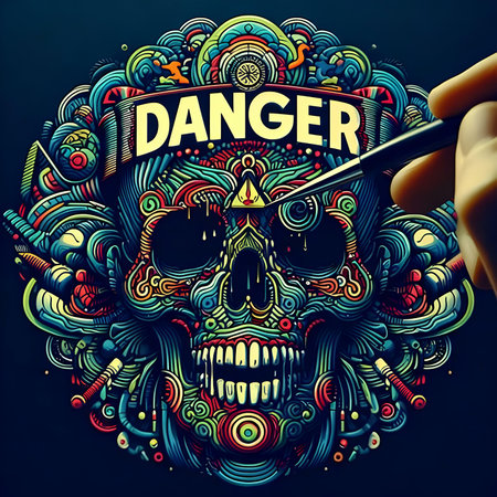 Danger hand drawing skull with colorful doodle on dark background.の素材