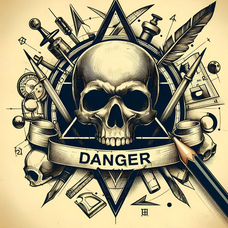 Hand drawn vector illustration of a skull, compass and other tools.の素材