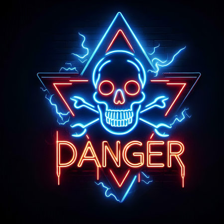 Neon sign with a skull, bats and a triangle. Vector illustration.の素材