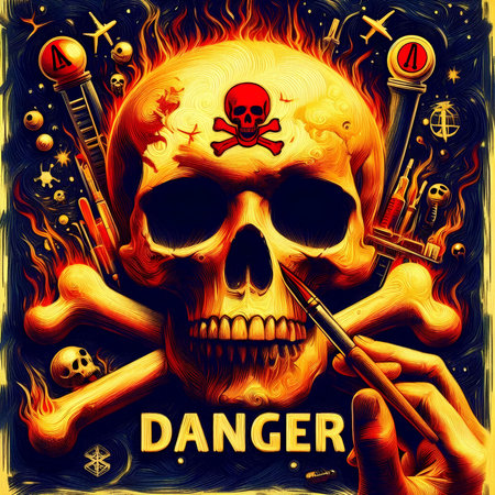 Skull with skull and crossbones on fire background. vector illustrationの素材