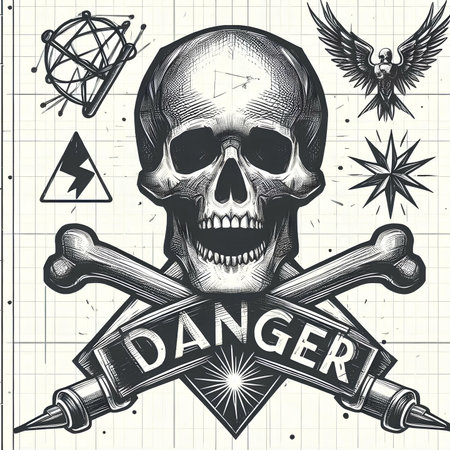 Skull and crossbones on the background of the inscription danger.の素材