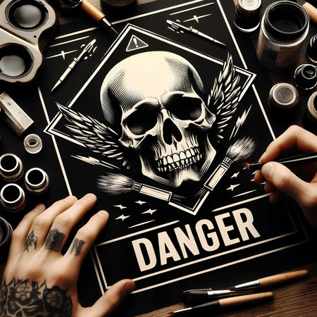 Tattooed tattoo artist drawing a skull on a blackboardの素材