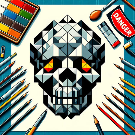 Vector illustration of a skull made up of pencils, paints and brushesの素材