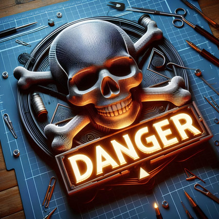Danger sign with skull and tools on blue background. 3D illustration.の素材