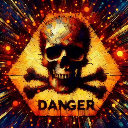 Grunge skull with text danger on abstract colorful background, illustration.の素材