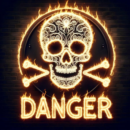 Glowing neon sign with skull and text danger on brick wall backgroundの素材