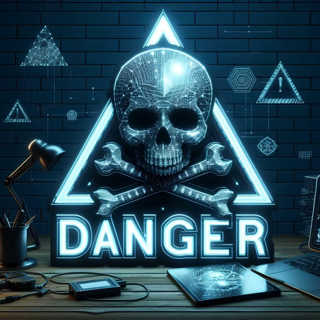 3D illustration of a skull on the desktop with a laptop and a sign for dangerの素材