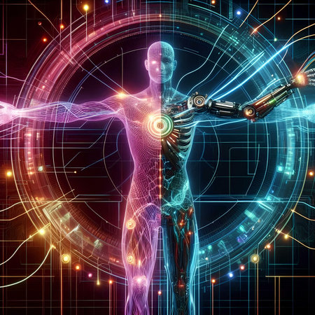 3d rendering of male cyborg with circuit board in the backgroundの素材