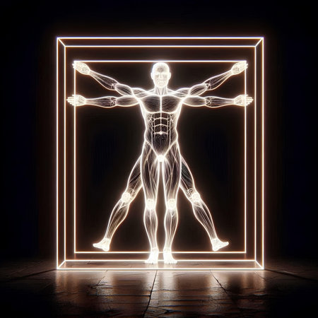 3D rendered Illustration of a human figure with a neon frameの素材