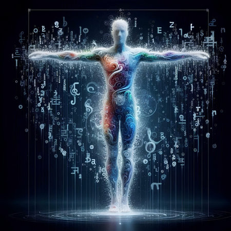 Digital illustration of human body in digital background with binary code. 3D renderingの素材