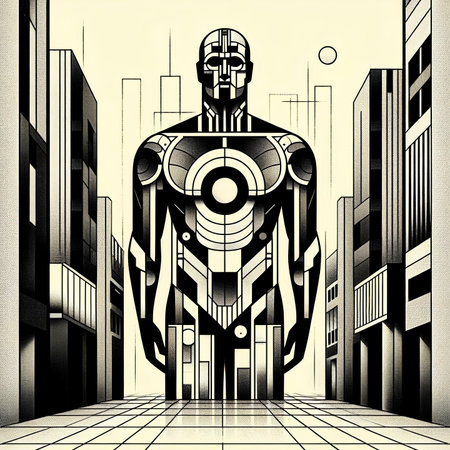 Cyborg in the city. 3d rendering. Computer digital drawing.の素材