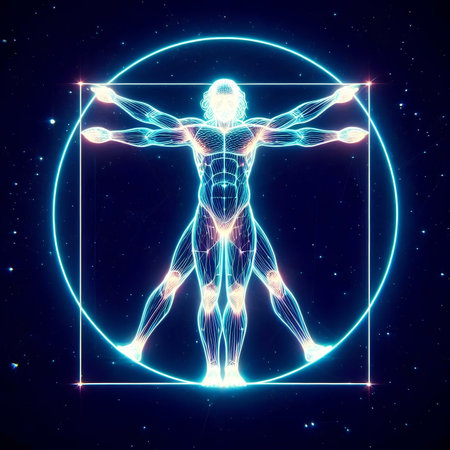 Human body with wireframe on starry background. 3D renderingの素材