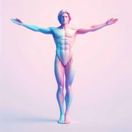 3D render of a male figure with muscle maps isolated on white backgroundの素材