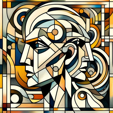 abstract vector stained-glass mosaic background with human face and geometric elementsの素材