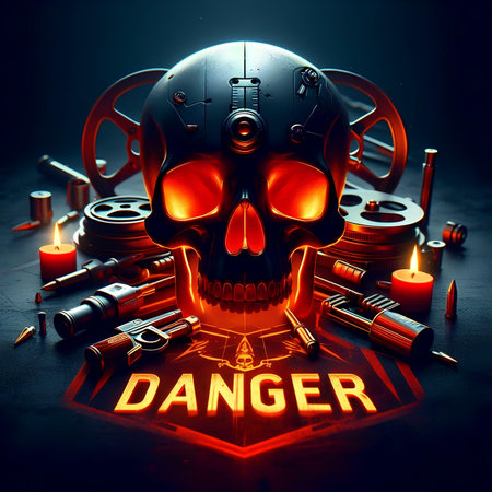 3D illustration of a skull surrounded by electronic components and a warning signの素材