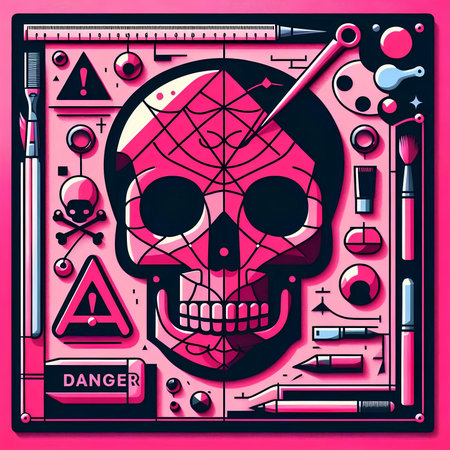 Skull with makeup tools on pink background. Vector illustration.の素材