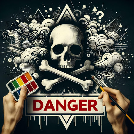 Close up of human hands with paintbrush and colorful skull on grunge backgroundの素材