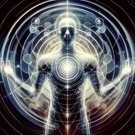 Digital Illustration of a Human Body Scanning a Futuristic Interfaceの素材