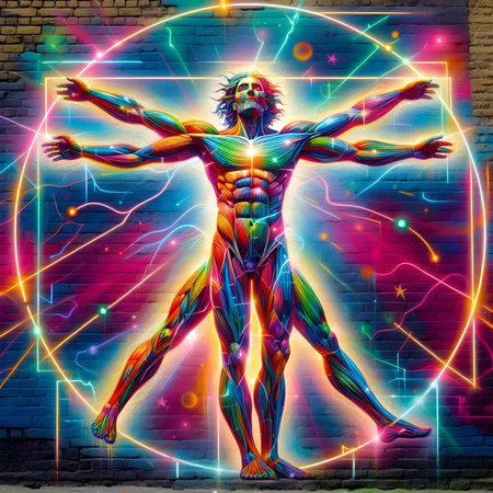 3d rendering of a male figure with neon lights in the backgroundの素材