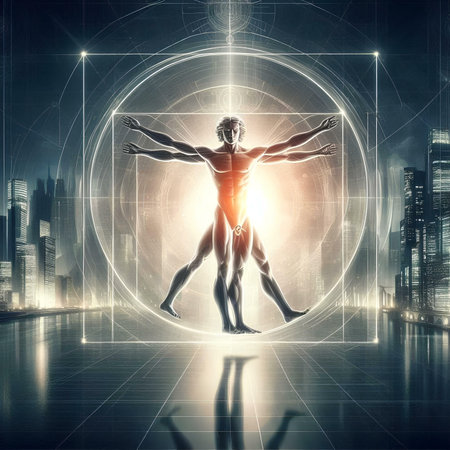Digital composite of 3D man in futuristic room with flare and HUDの素材