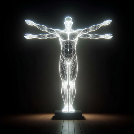 Human body made of glowing lines on dark background. 3D renderingの素材